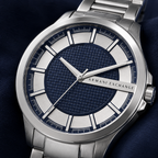 Armani Exchange AX2164 navy grid and silver segmented dial macro detail