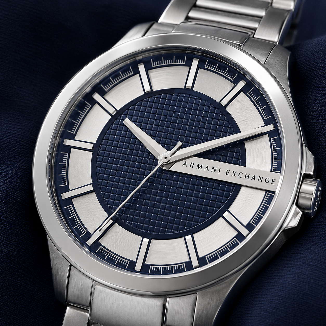 Armani Exchange AX2164 navy grid and silver segmented dial macro detail