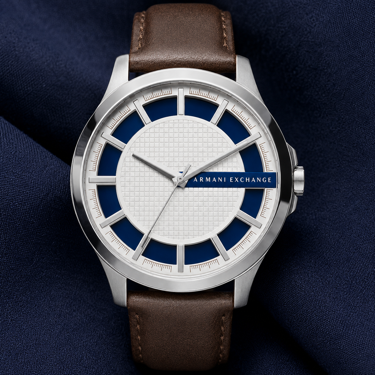 Armani Exchange AX2172 white grid and navy dial macro detail