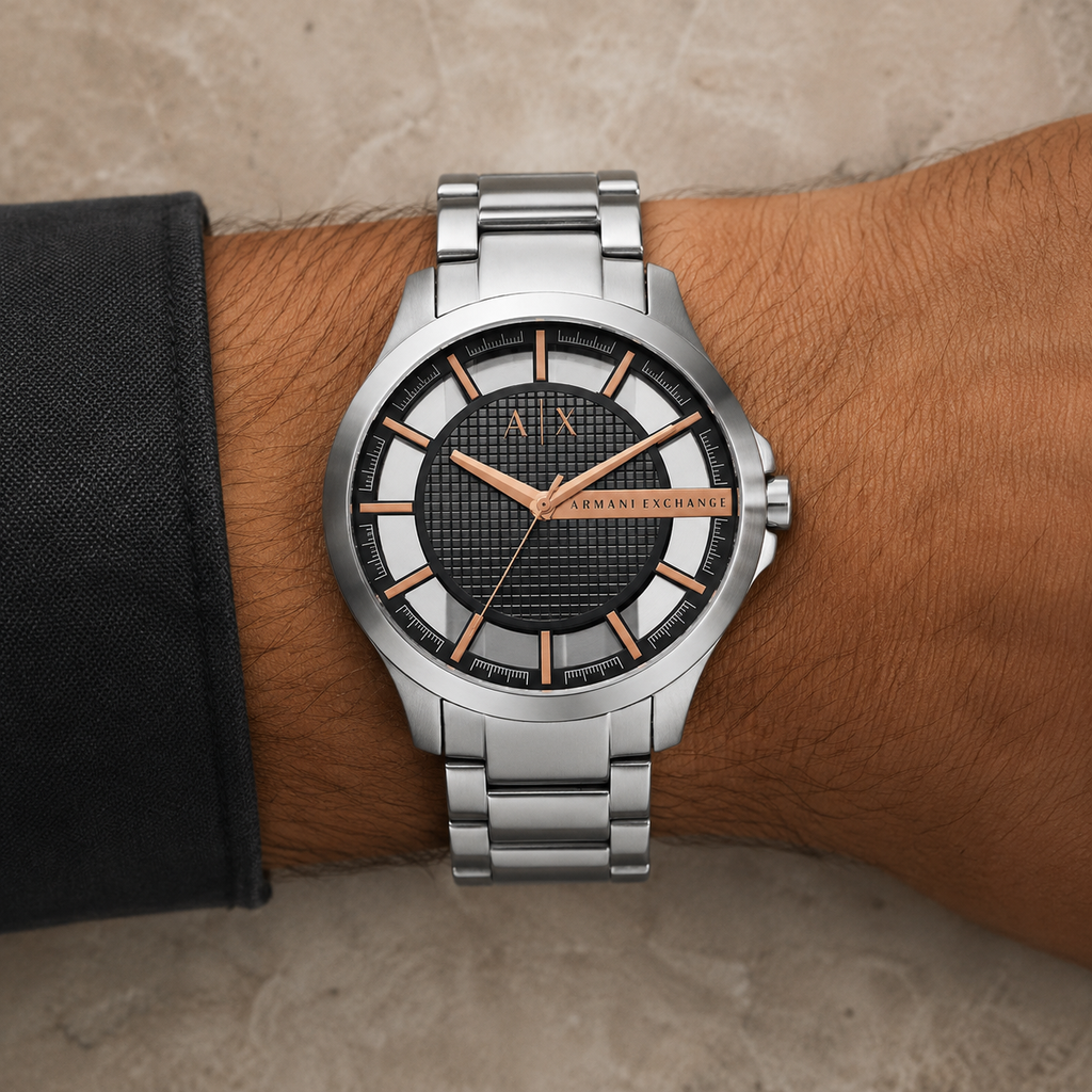 Armani Exchange AX2199 men's silver and rose gold watch on wrist