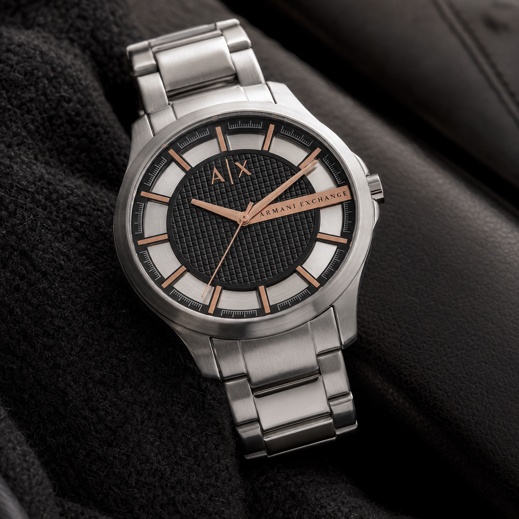 Armani Exchange AX2199 men's silver and rose gold watch lifestyle view
