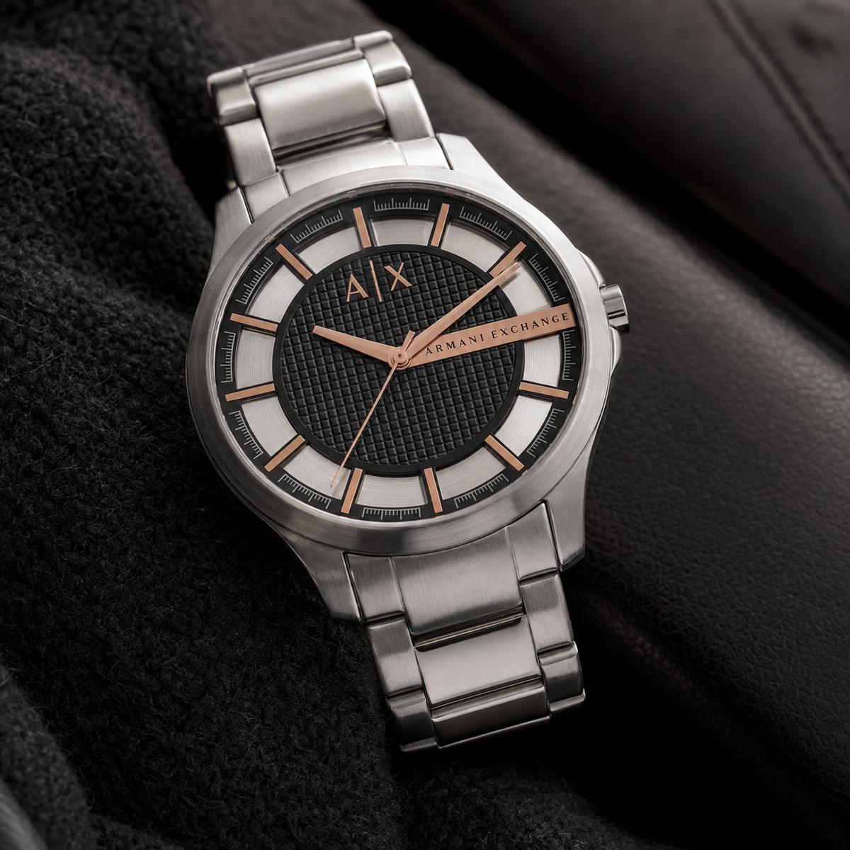 Armani Exchange AX2199 men's silver and rose gold watch lifestyle view