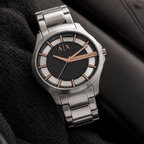Armani Exchange AX2199 men's silver and rose gold watch lifestyle view