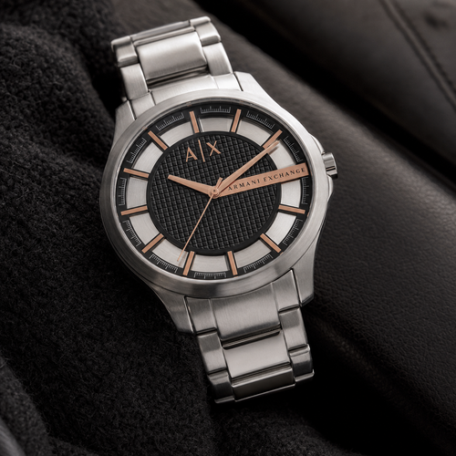 Armani Exchange AX2199 men's silver and rose gold watch lifestyle view