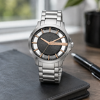 Armani Exchange AX2199 men's silver and rose gold watch desk setting