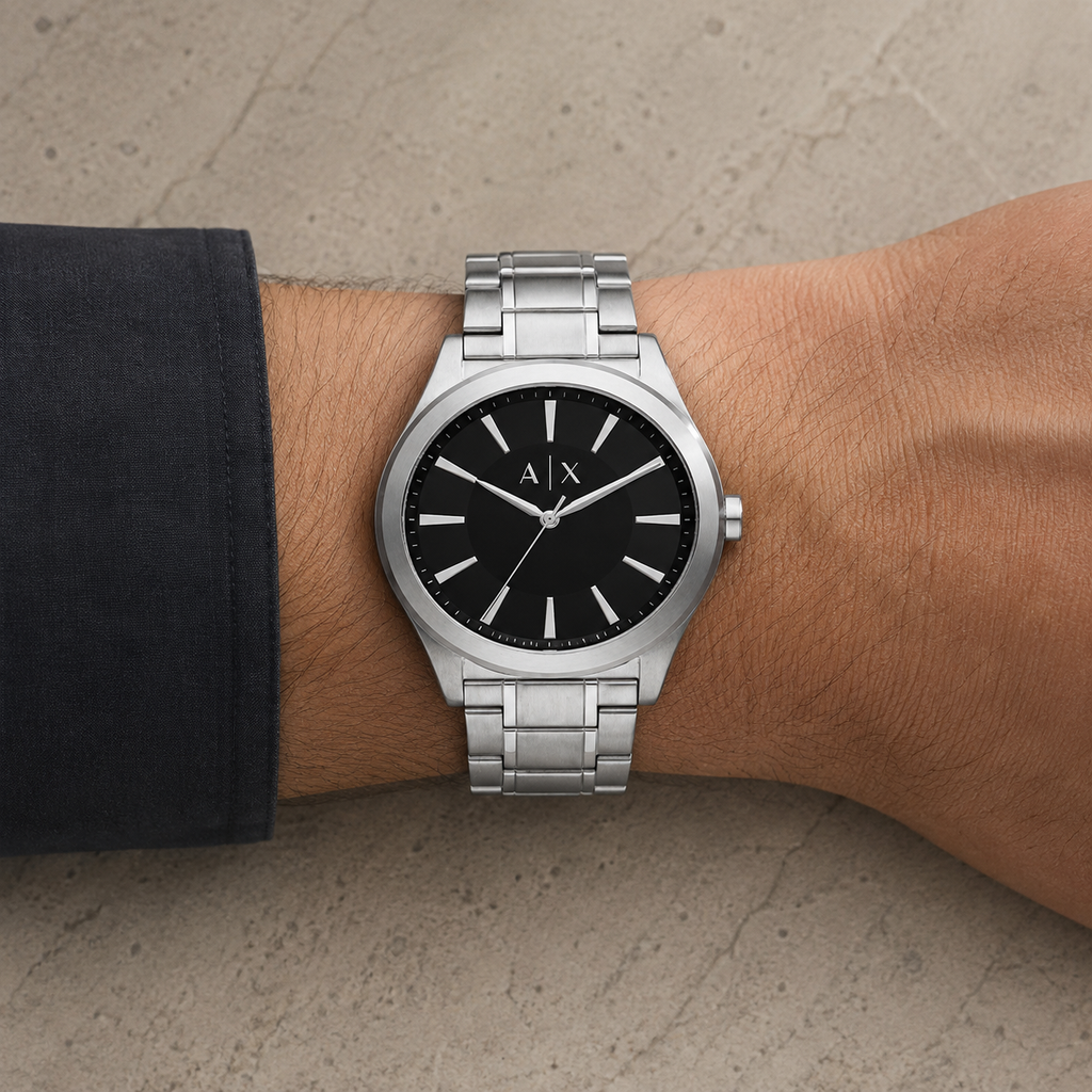 Armani Exchange AX2320 men's silver watch on wrist