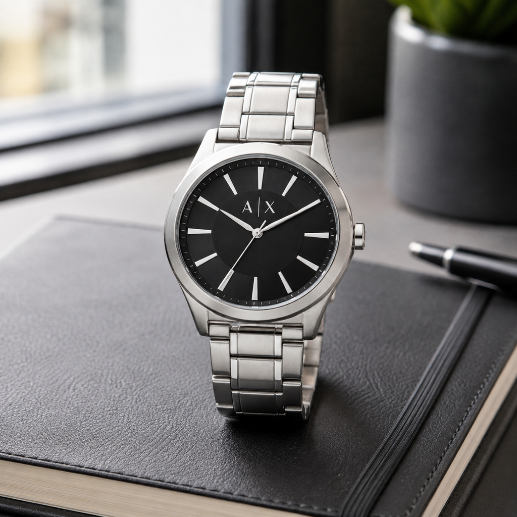 Armani Exchange AX2320 men's silver watch desk setting