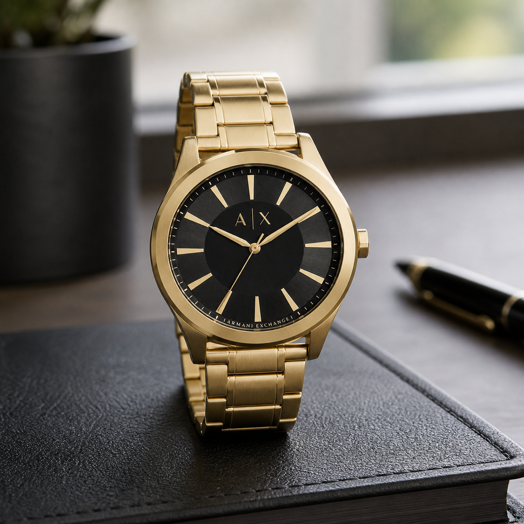 Armani Exchange AX2328 men's gold-tone watch desk setting