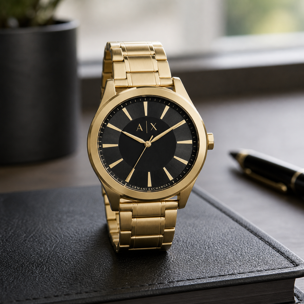 Armani Exchange AX2328 men's gold-tone watch desk setting