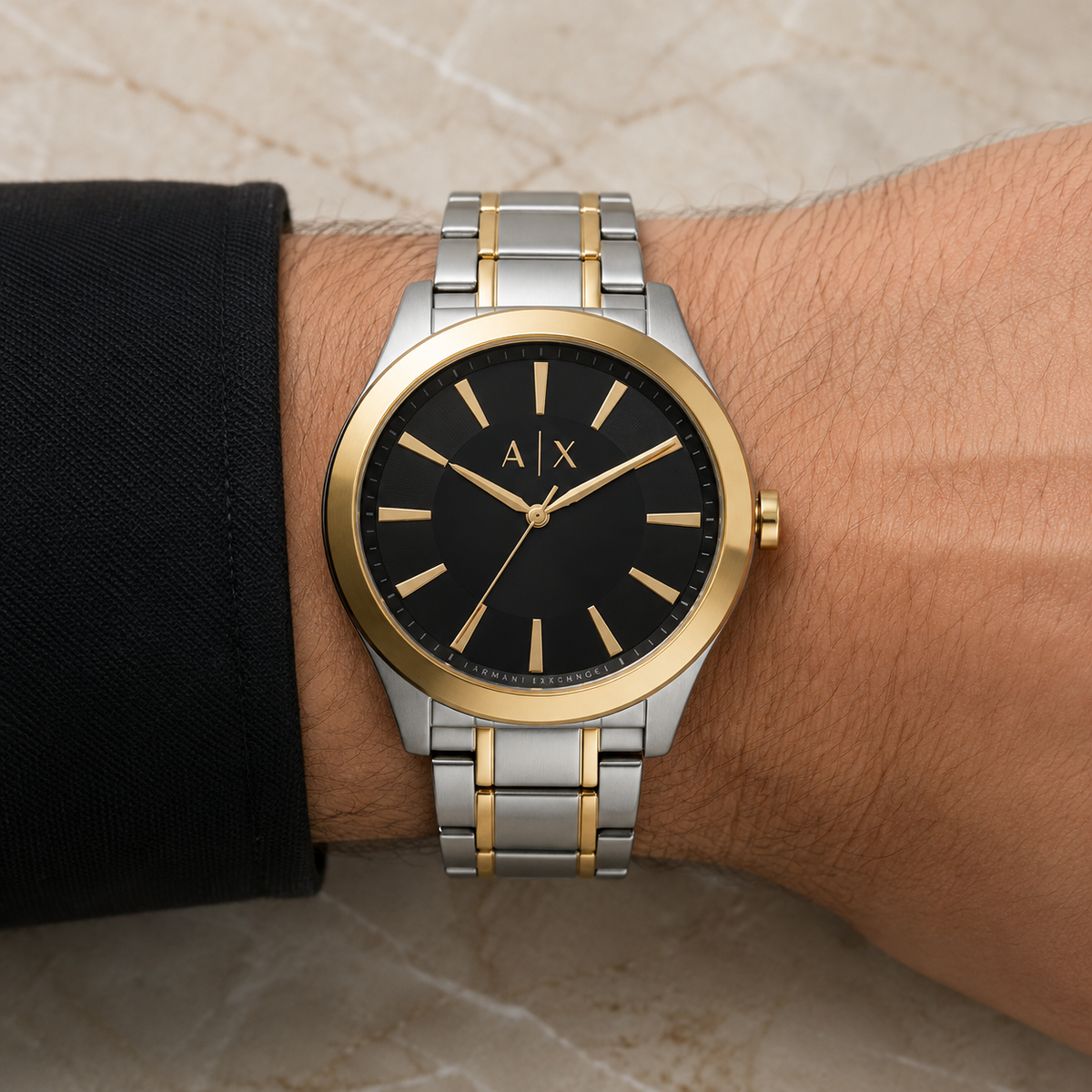 Armani Exchange AX2336 men's two-tone black watch on wrist