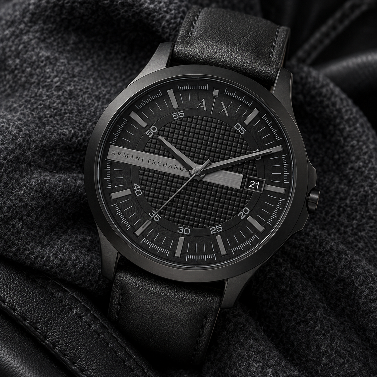 Armani Exchange AX2400 men's black leather watch lifestyle view