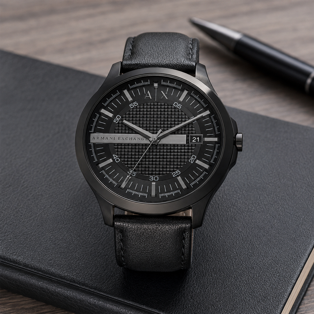 Armani Exchange AX2400 men's black leather watch desk setting
