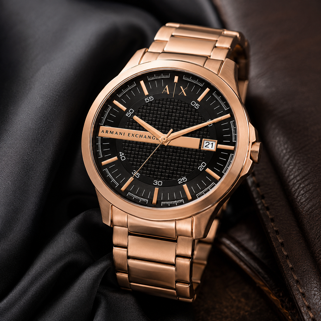 Armani Exchange AX2449 men's rose gold and black watch lifestyle view
