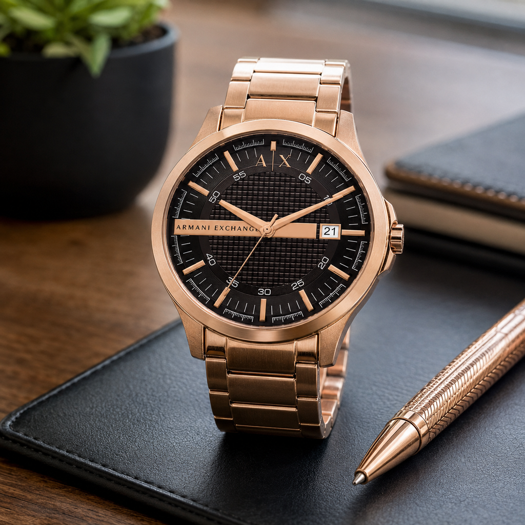 Armani Exchange AX2449 men's rose gold and black watch desk setting