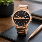 Armani Exchange AX2449 men's rose gold and black watch desk setting