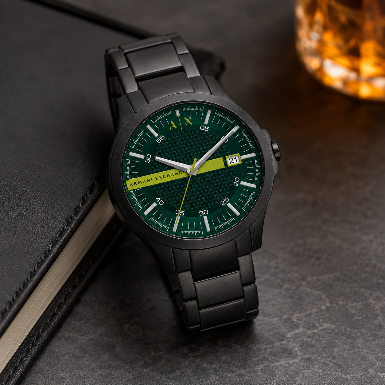 Armani Exchange AX2450 men's black and green watch desk setting