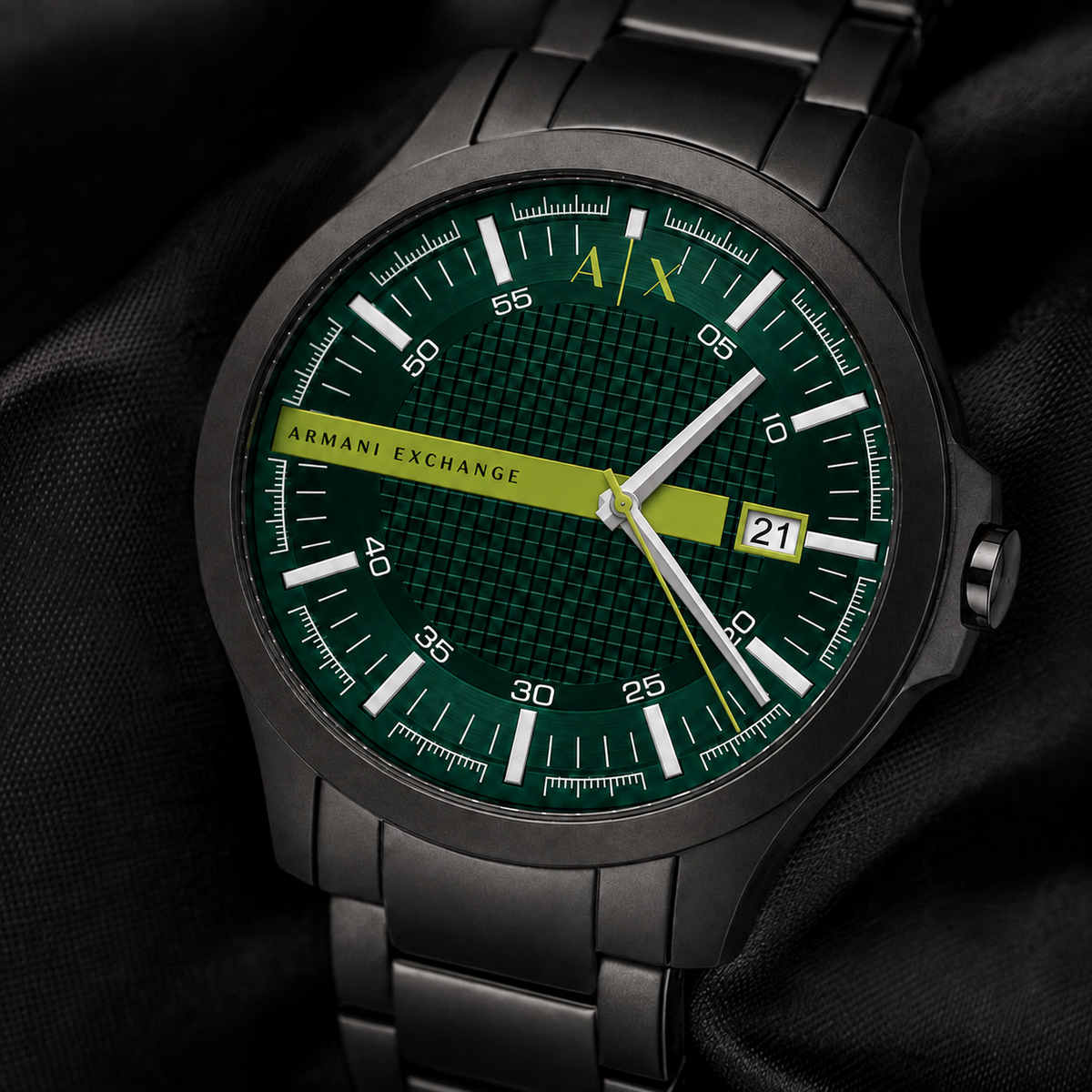 Armani Exchange AX2450 men's black and green watch macro detail