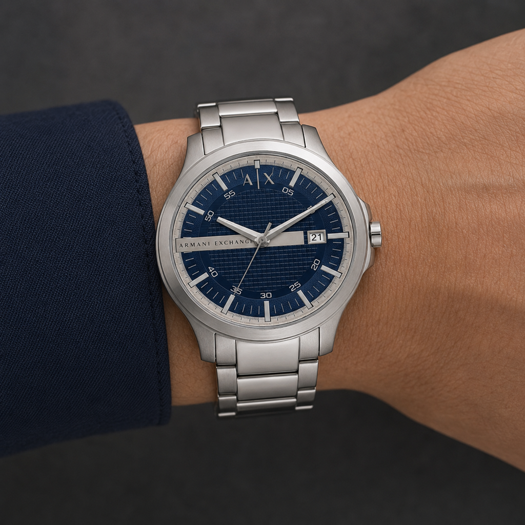 Armani Exchange AX2451 men's silver and navy watch on inner wrist