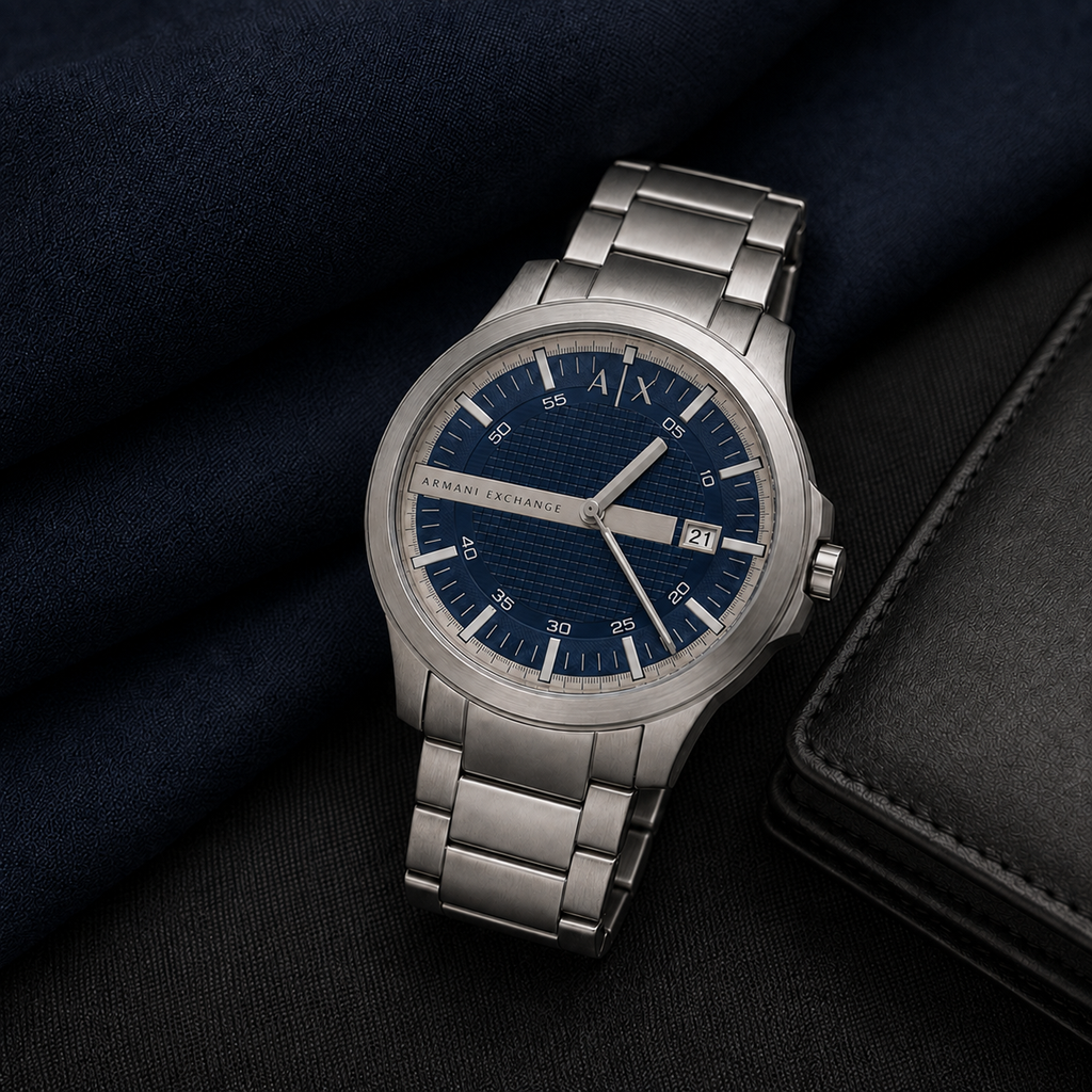Armani Exchange AX2451 men's silver and navy watch lifestyle view