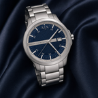 Armani Exchange AX2451 men's silver and navy watch macro detail