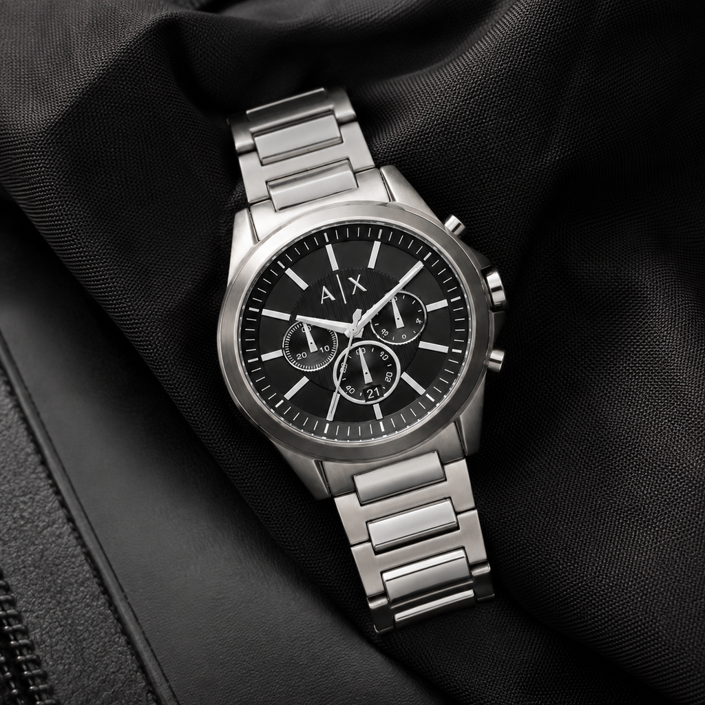 Armani Exchange AX2600 men's silver and black chronograph lifestyle view