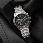 Armani Exchange AX2600 men's silver and black chronograph lifestyle view