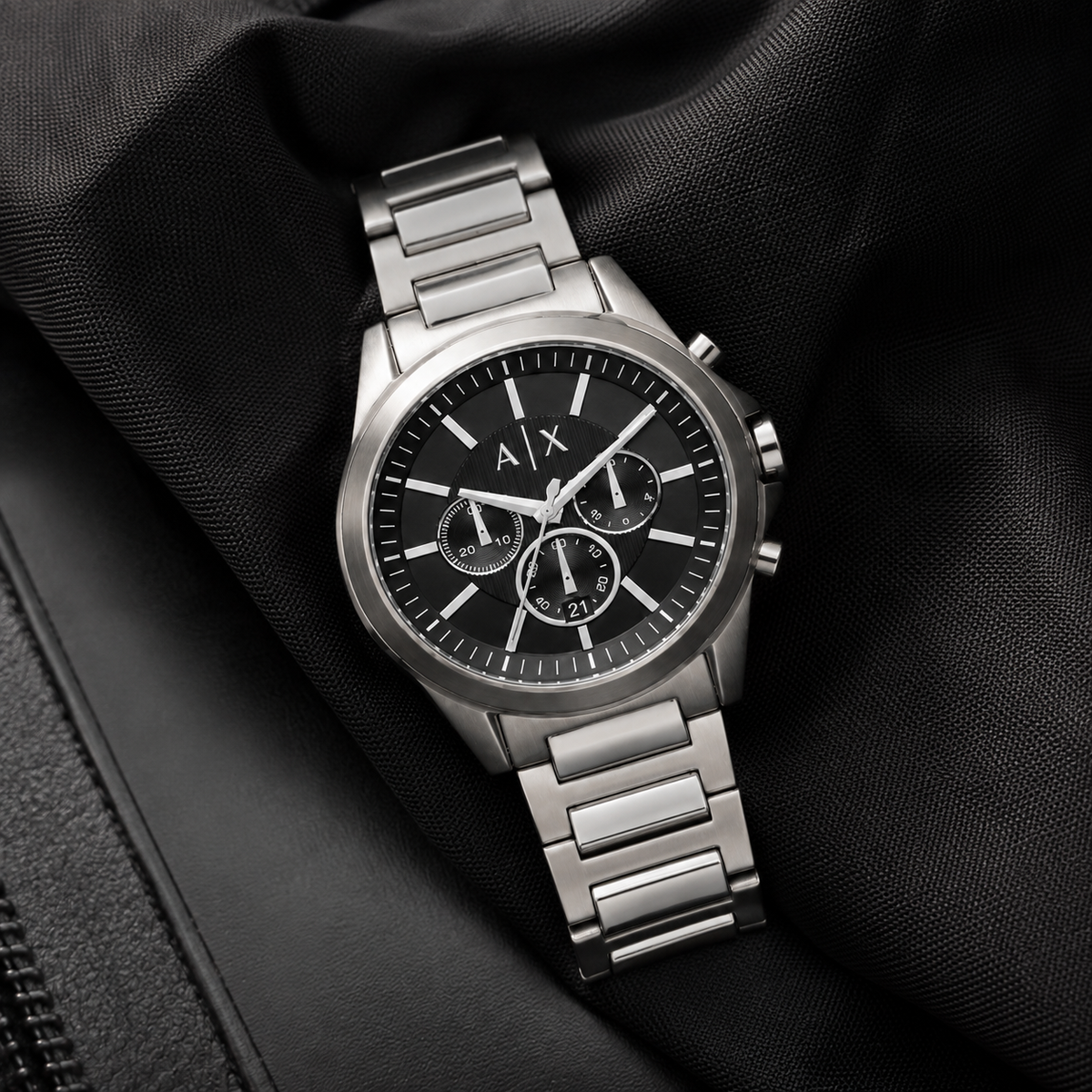 Armani Exchange AX2600 men's silver and black chronograph lifestyle view