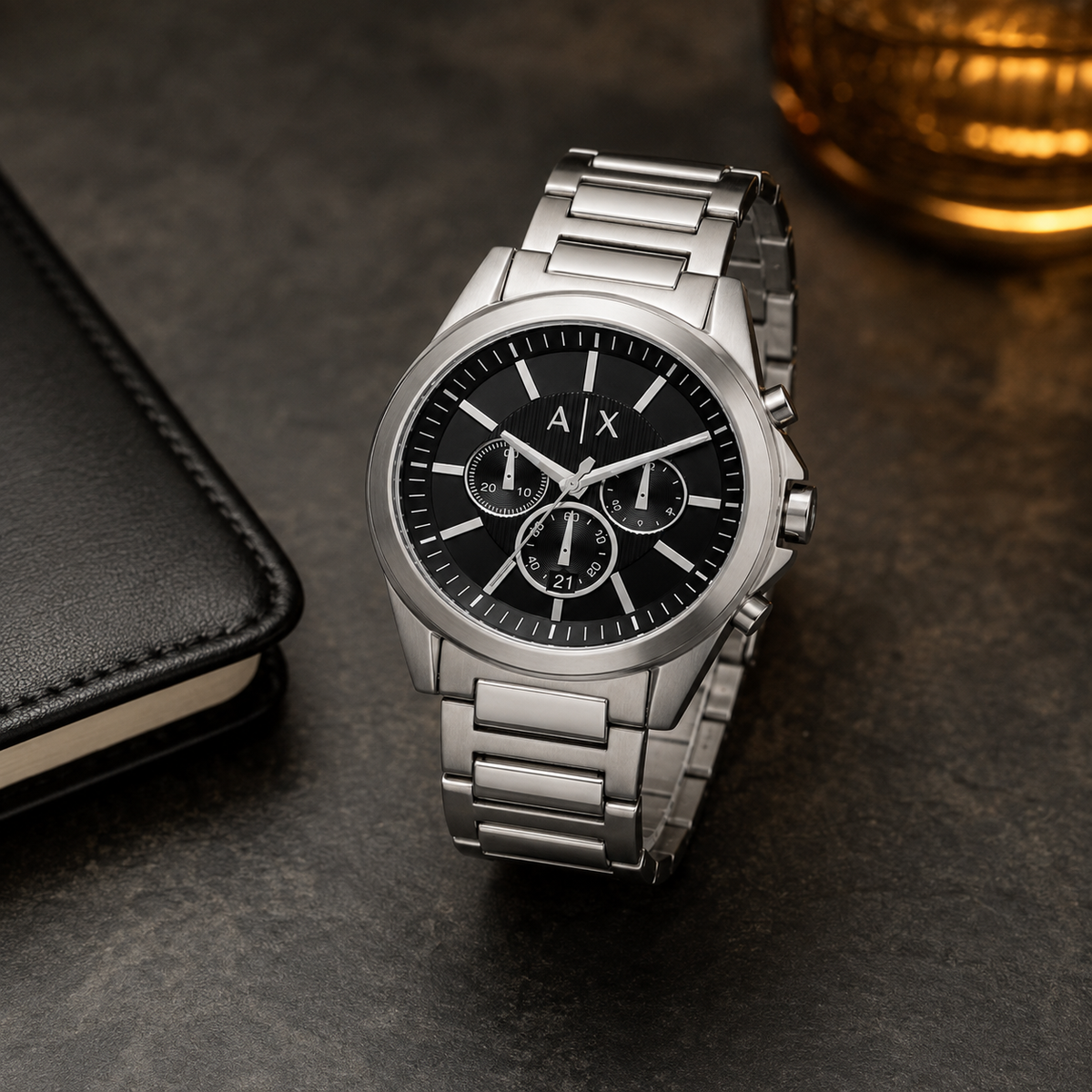 Armani Exchange AX2600 men's silver and black chronograph desk setting