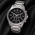 Armani Exchange AX2600 men's silver and black chronograph macro detail