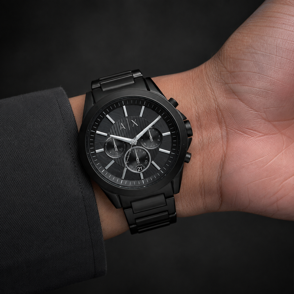 Armani Exchange AX2601 men's black chronograph watch on inner wrist