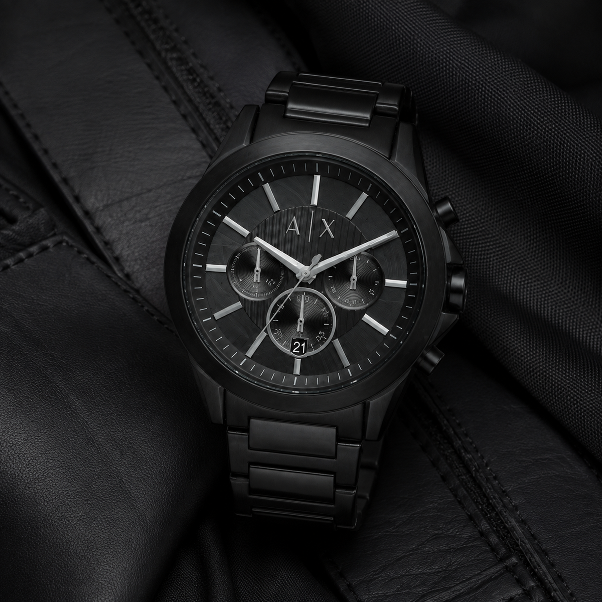 Armani Exchange AX2601 men's black chronograph lifestyle view