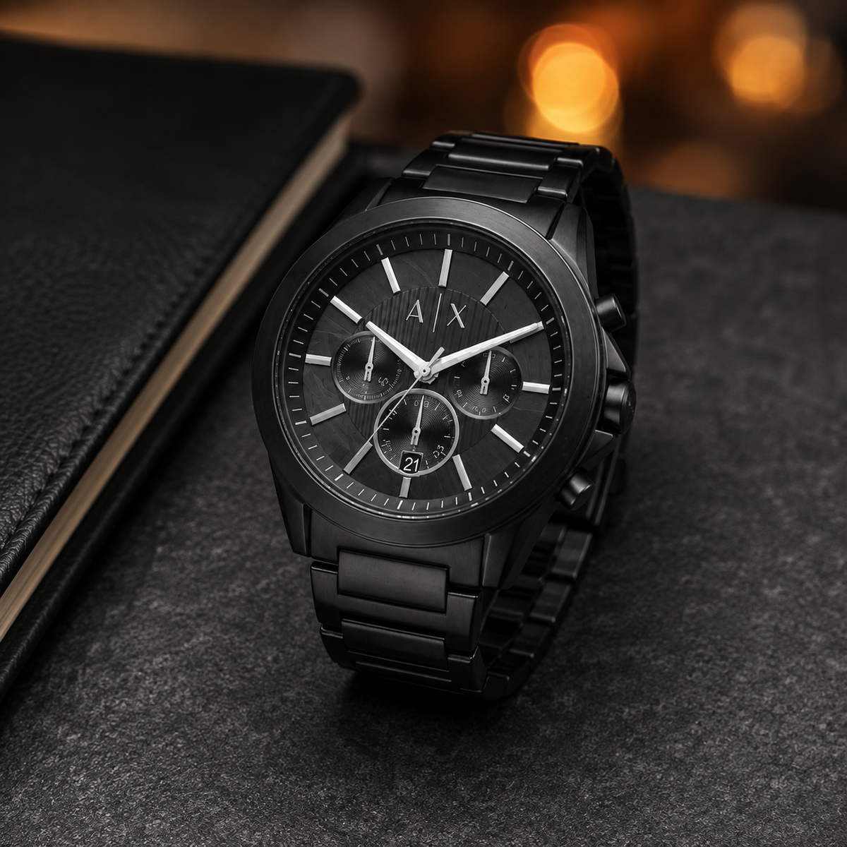 Armani Exchange AX2601 men's black chronograph desk setting