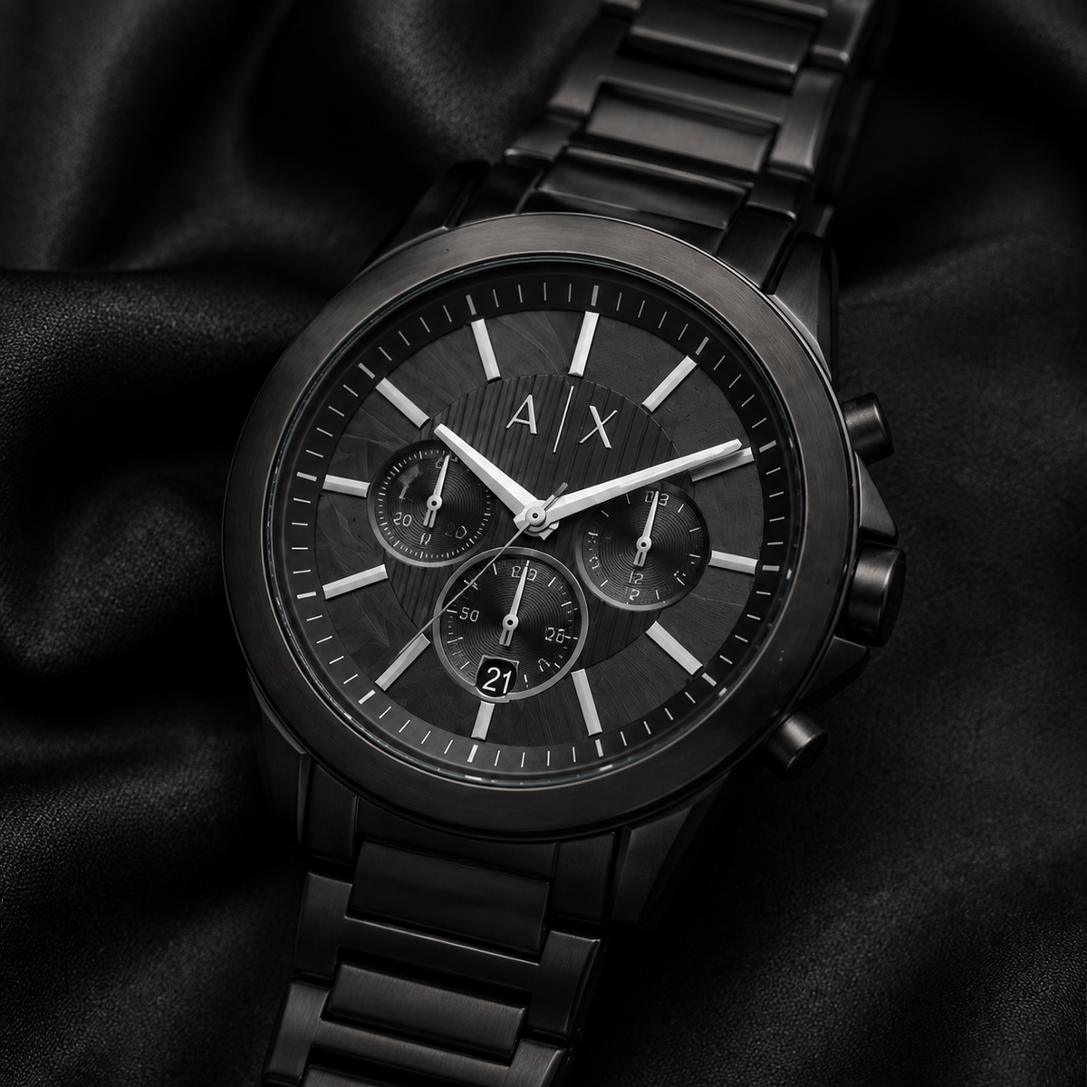 Armani Exchange AX2601 men's black chronograph macro detail