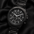 Armani Exchange AX2601 men's black chronograph macro detail