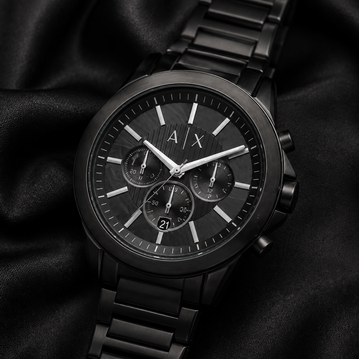 Armani Exchange AX2601 men's black chronograph macro detail