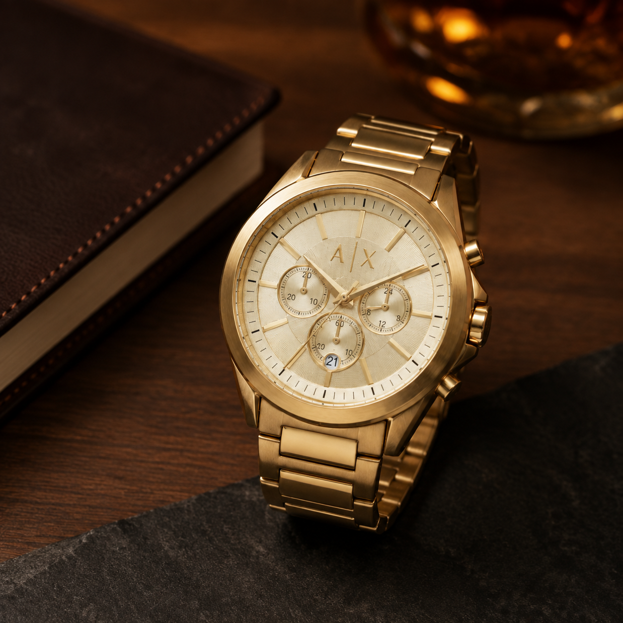 Armani Exchange AX2602 men's gold chronograph desk setting