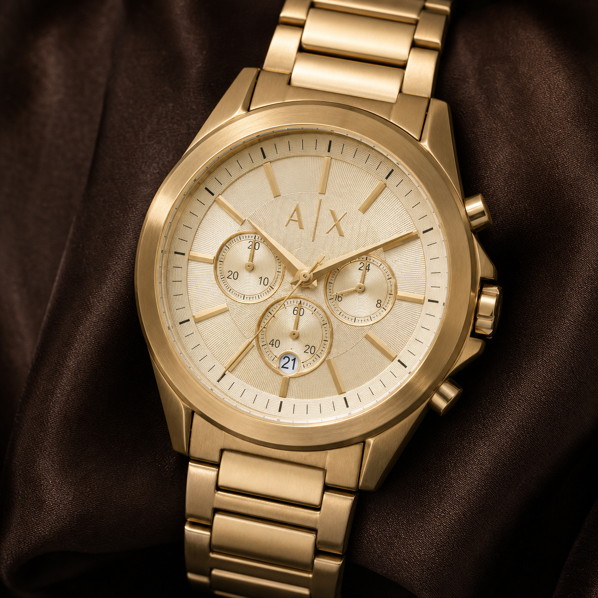 Armani Exchange AX2602 men's gold chronograph macro detail