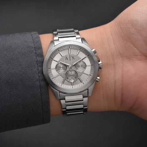 Armani Exchange AX2603 men's silver chronograph watch on inner wrist