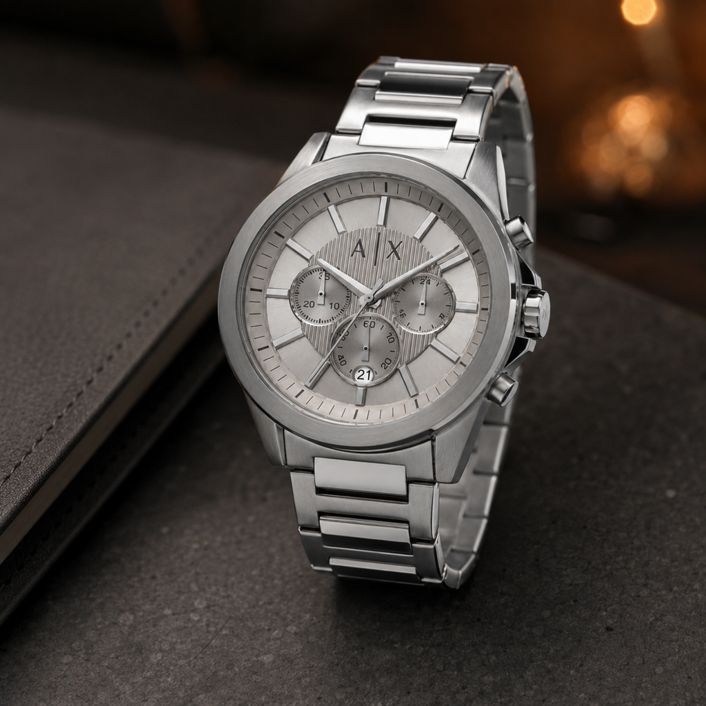 Armani Exchange AX2603 men's silver chronograph desk setting