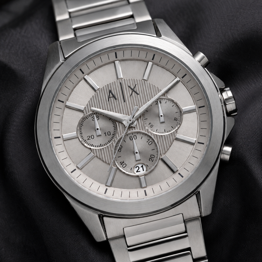 Armani Exchange AX2603 men's silver chronograph macro detail