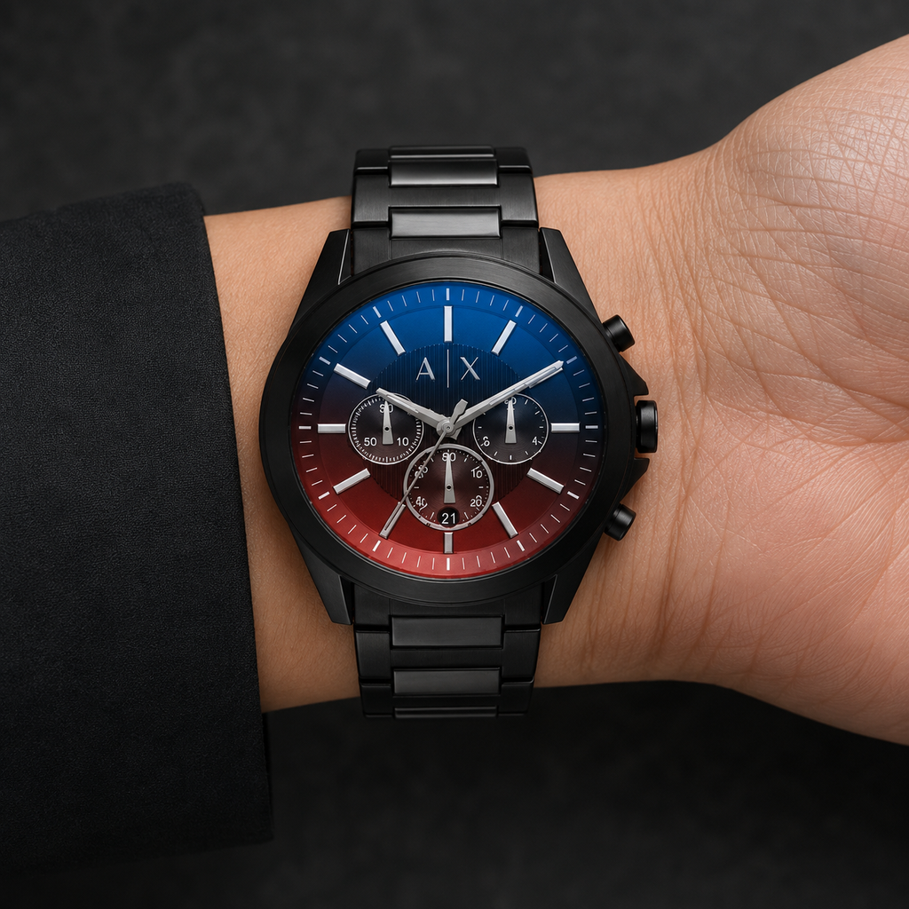 Armani Exchange AX2615 men's black blue red chronograph watch on inner wrist