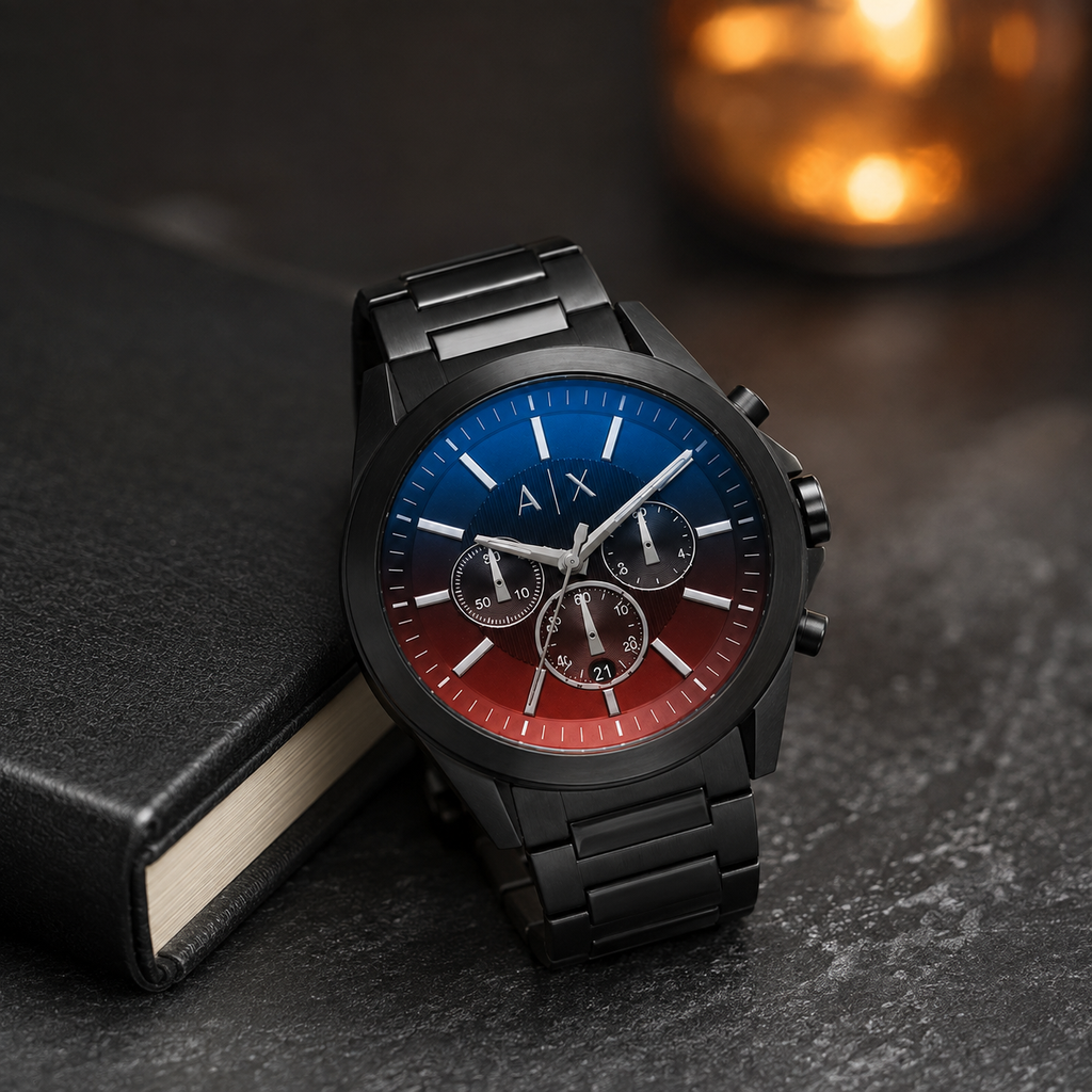 Armani Exchange AX2615 men's black blue red chronograph desk setting
