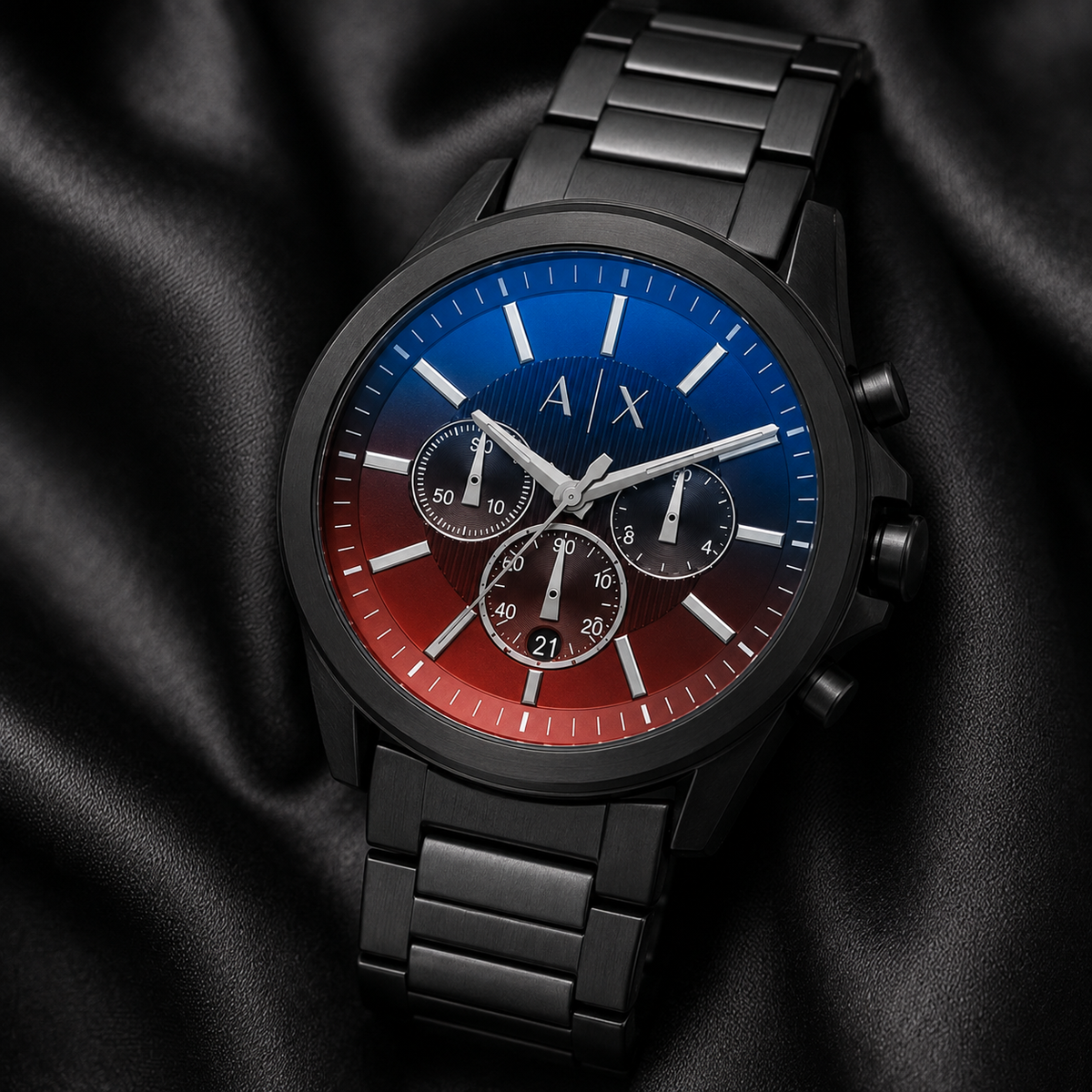 Armani Exchange AX2615 men's black blue red chronograph macro detail
