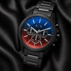 Armani Exchange AX2615 men's black blue red chronograph macro detail