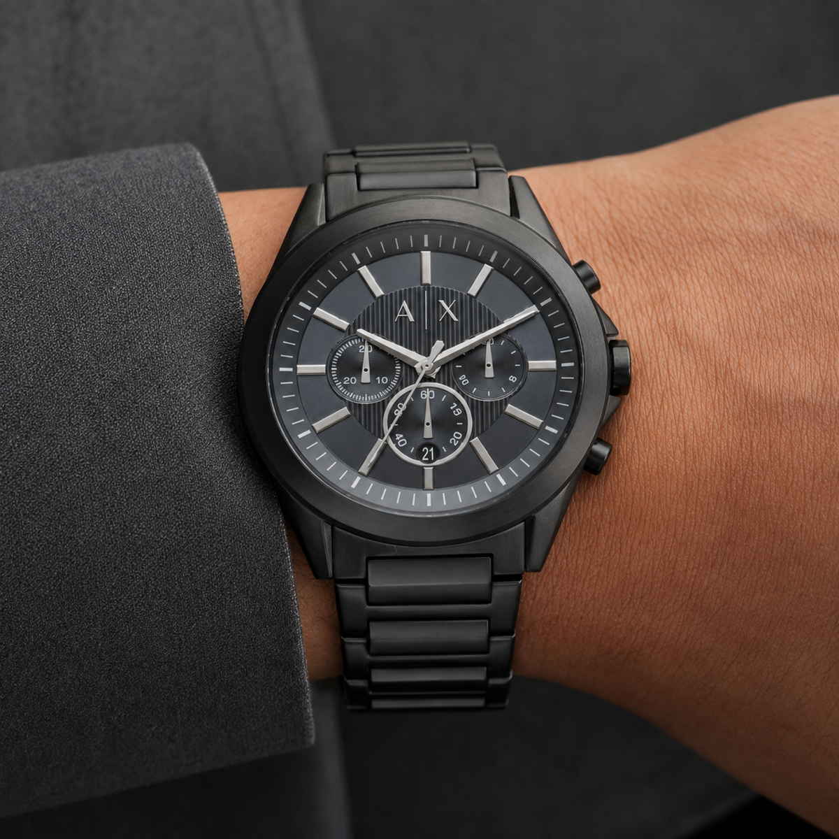 Armani Exchange AX2639 men's black gray chronograph watch on inner wrist