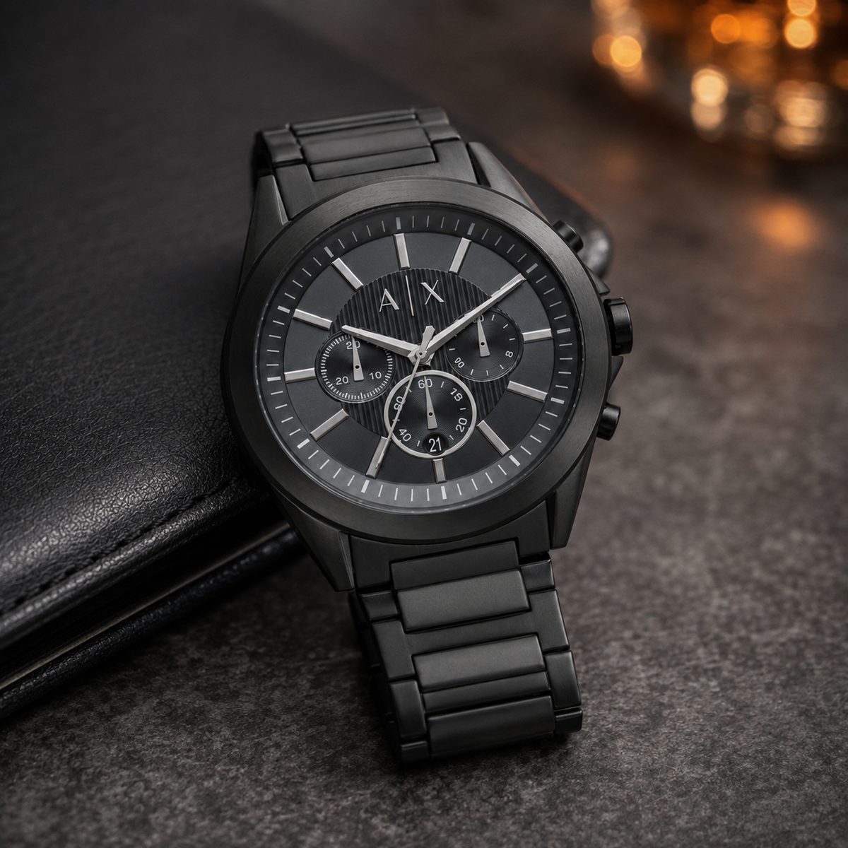 Armani Exchange AX2639 men's black gray chronograph desk setting