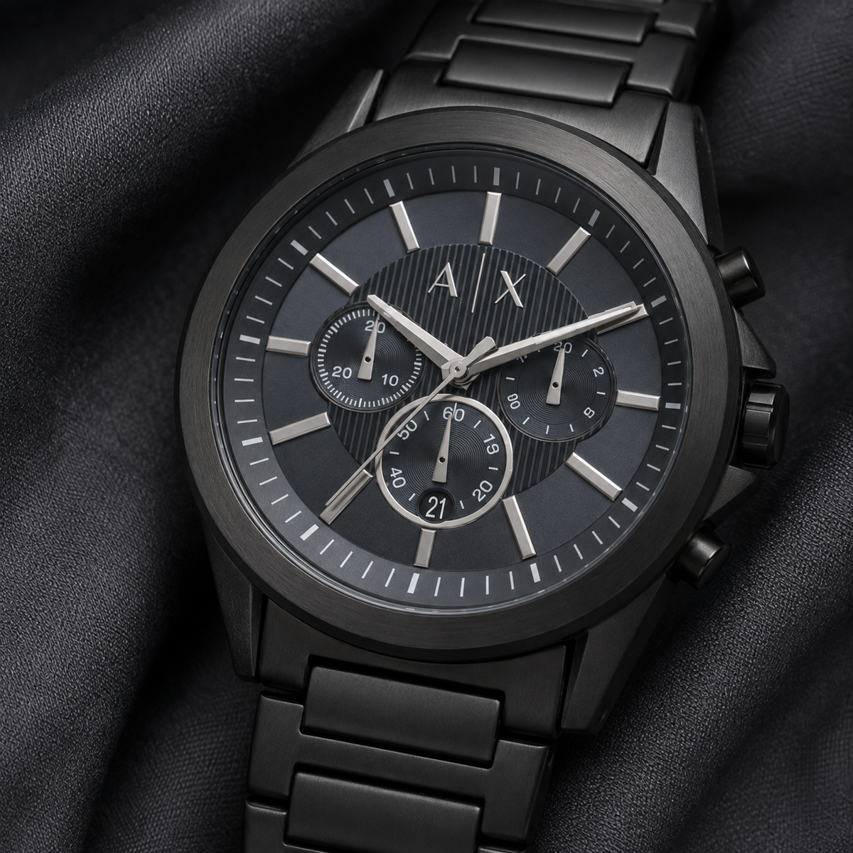 Armani Exchange AX2639 men's black gray chronograph macro detail