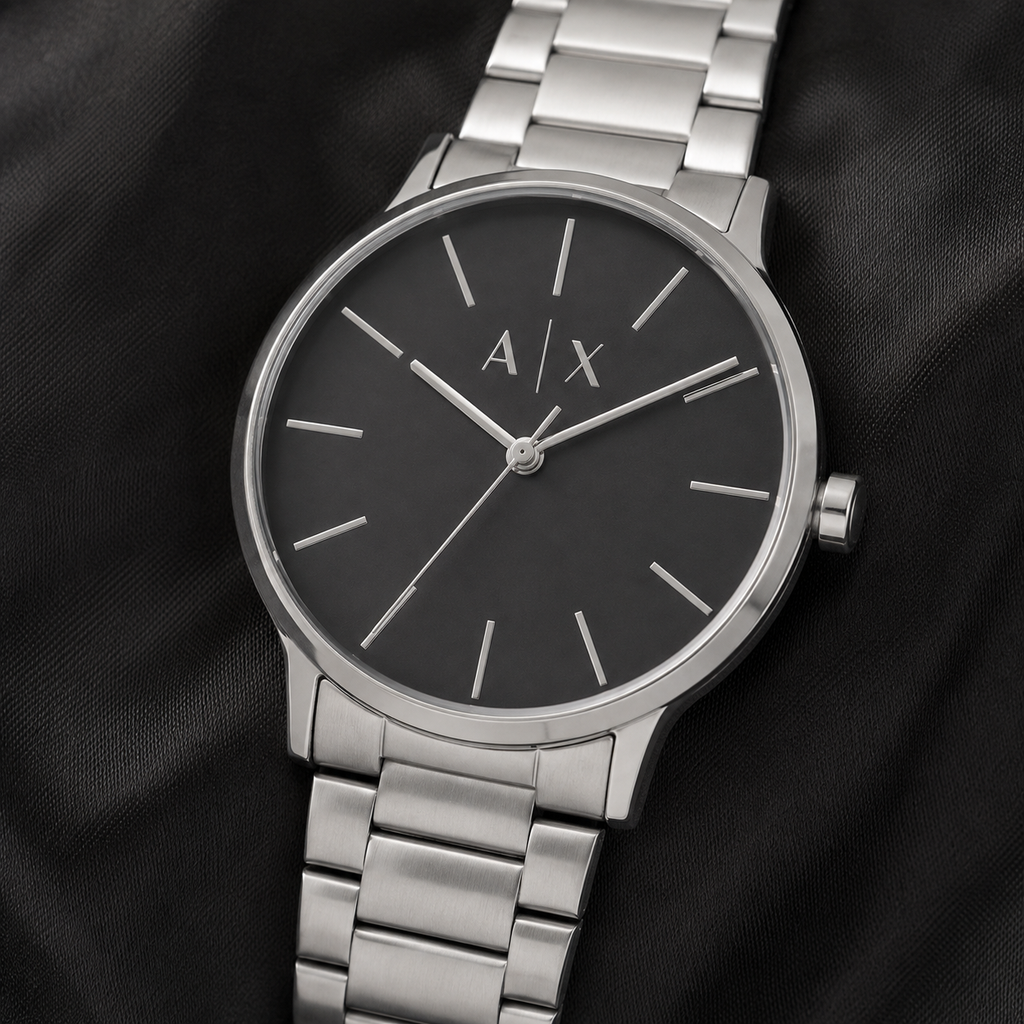 Armani Exchange AX2700 men's silver black minimalist macro detail