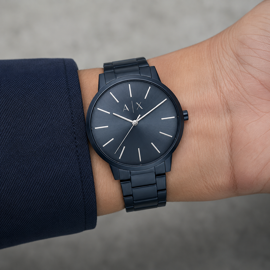 Armani Exchange AX2702 men's navy watch on inner wrist