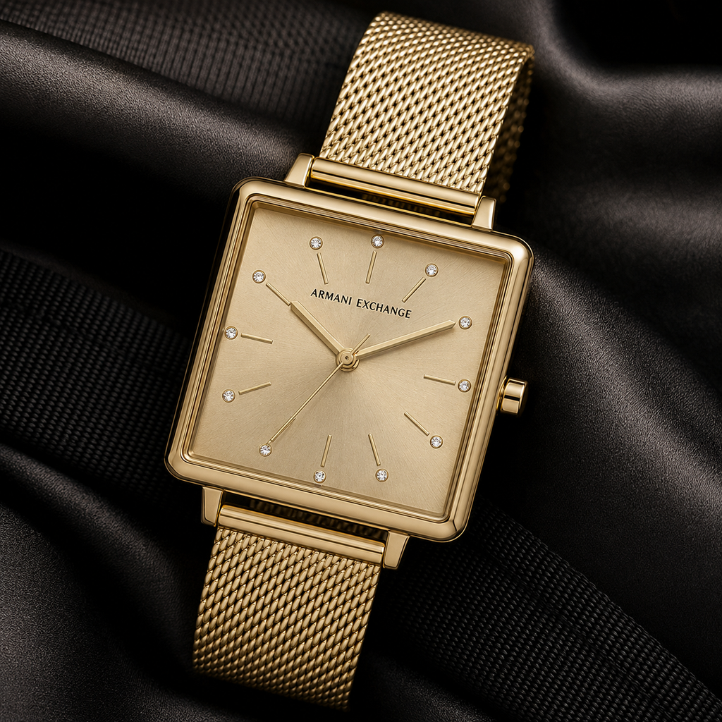 AX5535 women's gold square mesh watch editorial view